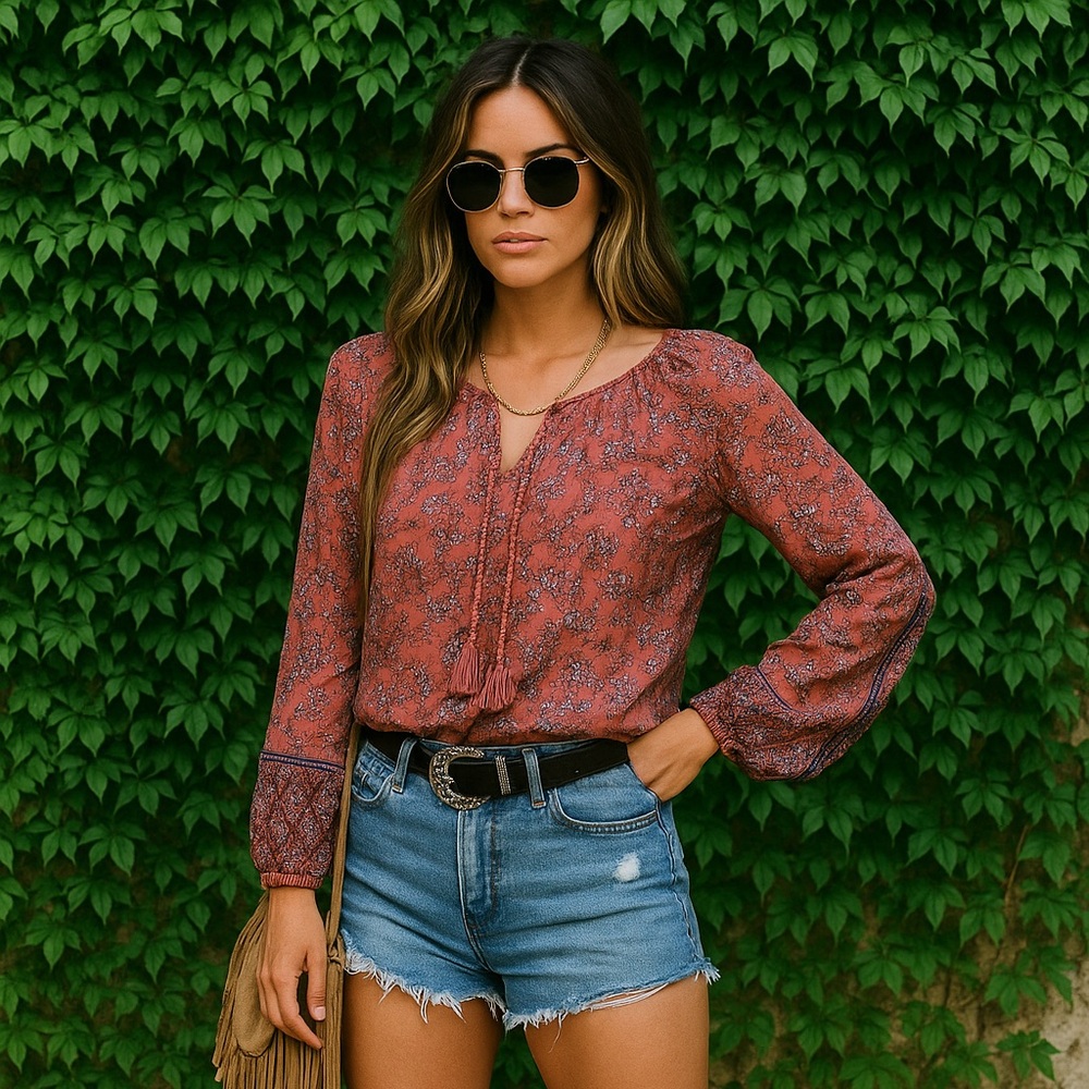 LUCKY BRAND Rust Boho Long Sleeve Contrast Stripe Floral Tassel-Tie Blouse, S